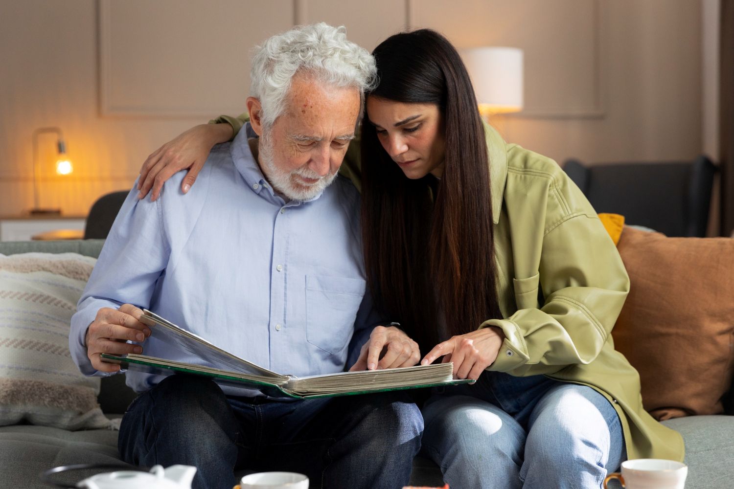 Senior looking at photo album